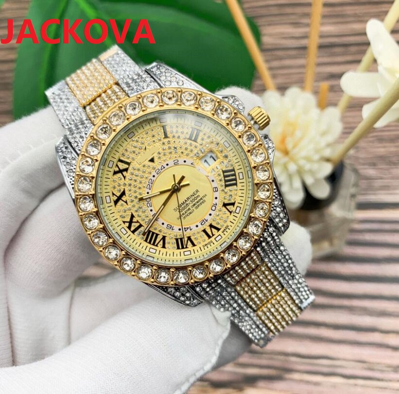 

Classic Mens Sky Starry Diamonds Ring Watch 42mm Sapphire Mirror Full Rhinestone Steel center clock man japan quartz auto date men dress designer wristwatch 2022, As pic