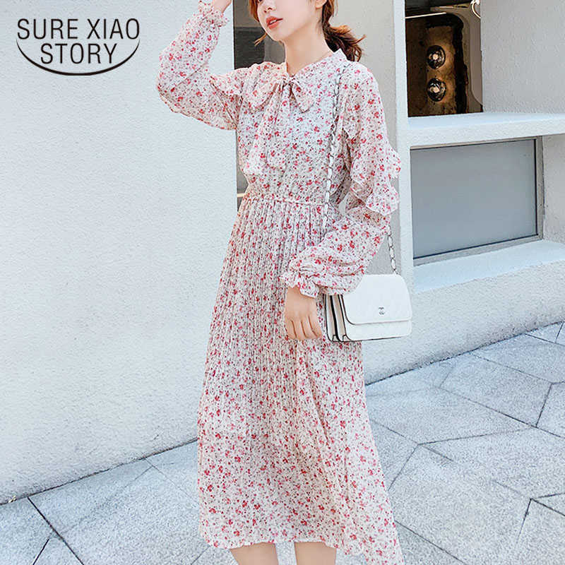 

Vintage Spring Elegant Women Dress Long Flare Sleeve Ruffles A-Line Empire Bow Floral Print Chiffon Dress Ladies 8550 50 210527, White