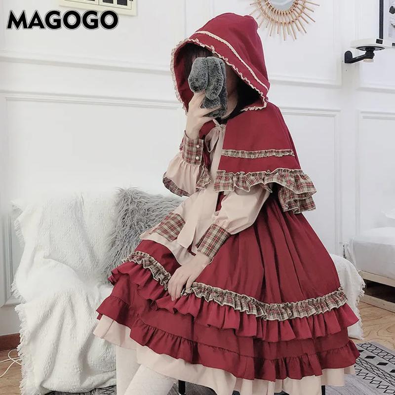 

Casual Dresses Christmas Lolita Dress Girl Costume Little Red Riding Hood Cape Op Long Sleeve MAGOGO, Only dress
