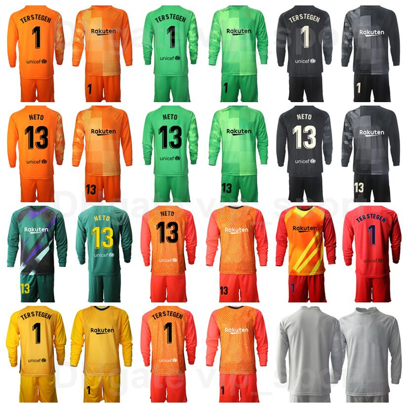 

Men Goalkeeper Long Sleeve GK 1 Marc-Andre Ter Stegen Soccer Jersey Set 13 Norberto Neto 26 Inaki Pena Antoni Ramallets Team Color Goalie Football Shirt Kits BaSai, Green