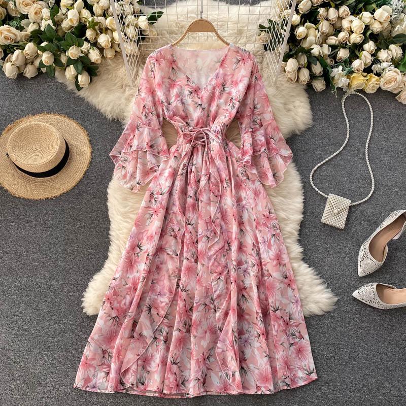 

Casual Dresses SINGREINY Women Bohemian Floral Dress Design Irregular Long Sleeve V Neck A-line Summer Korean Chiffon Print Beach, Pink
