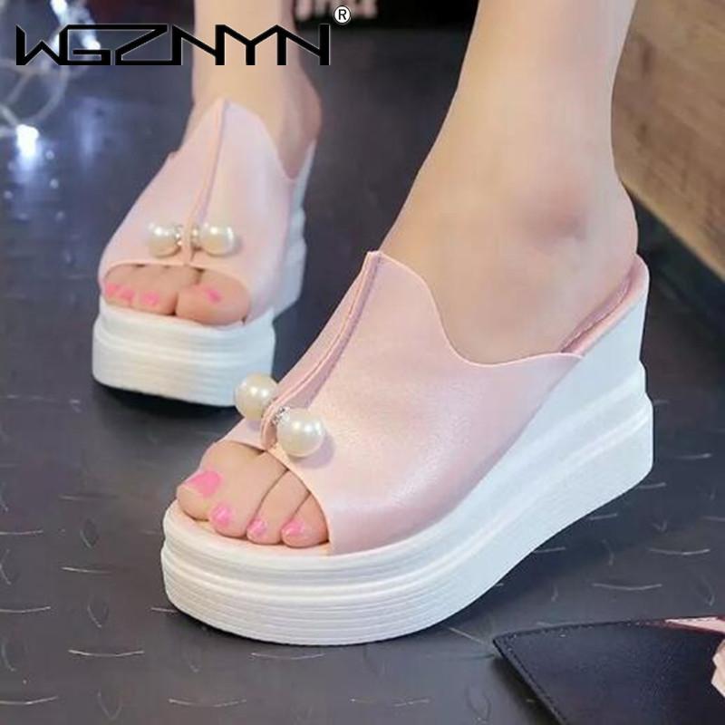 

Platform High Heel Women Fashion Pearl Fish Mouth Wedges Slippers Outdoor Shoes Ladies Elegant Shoes with Pump Gladiator Sandals