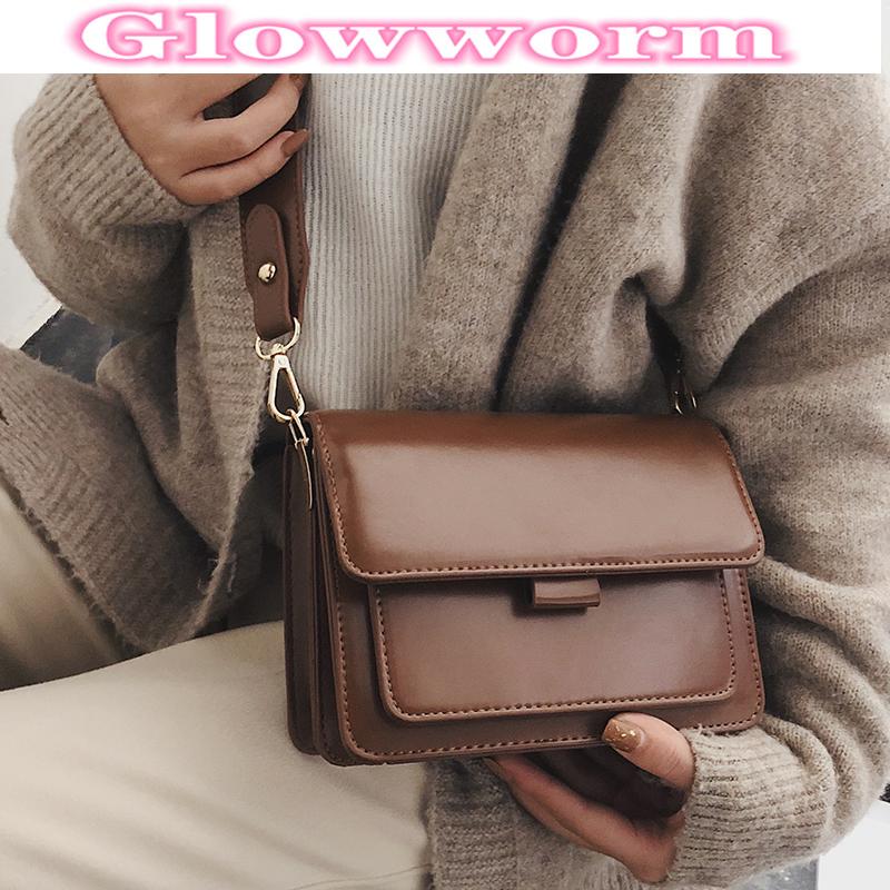 

Retro square high sense female bag wide shoulder shoulder bag 2021 new fashion women's designer PU leather simple messenger, Black