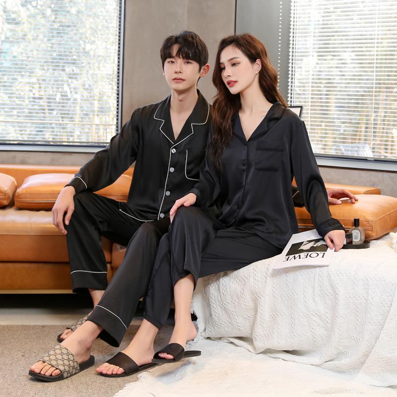 

Men's Sleepwear Black 2PCS Satin Pajamas Set Couple With Pocket Shirt&Pant Spring Autumn Loose Nightwear Turn-down Collar Home Clothes, Color-1-women