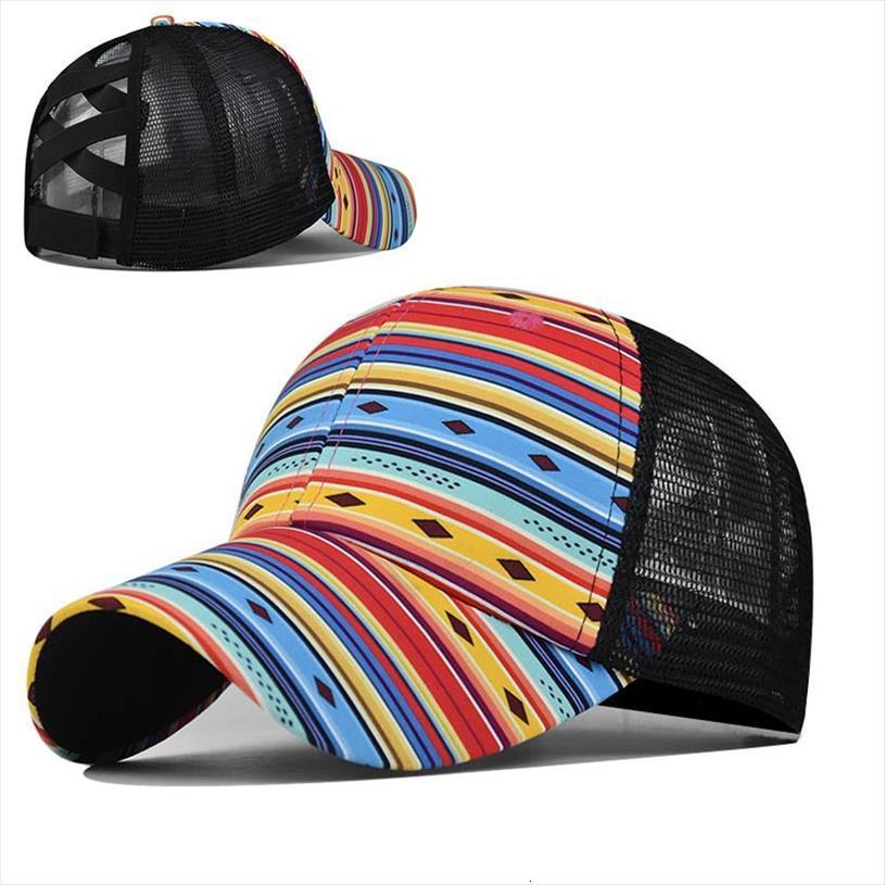 High Quality Ponytail Baseball Cap Women Printed Colorful Rhombus Hip Hop Hats Casual Summer Snapback Hat Mesh