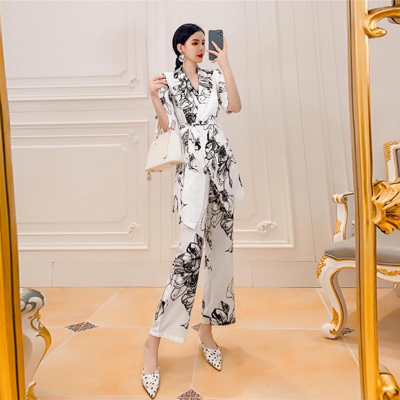 

Women' Two Piece Pants Floral Print Blazer And Set For Women Design Office Lady Ensemble Costume Femme 2 Pieces Pantalon Korean Style Flare, Black