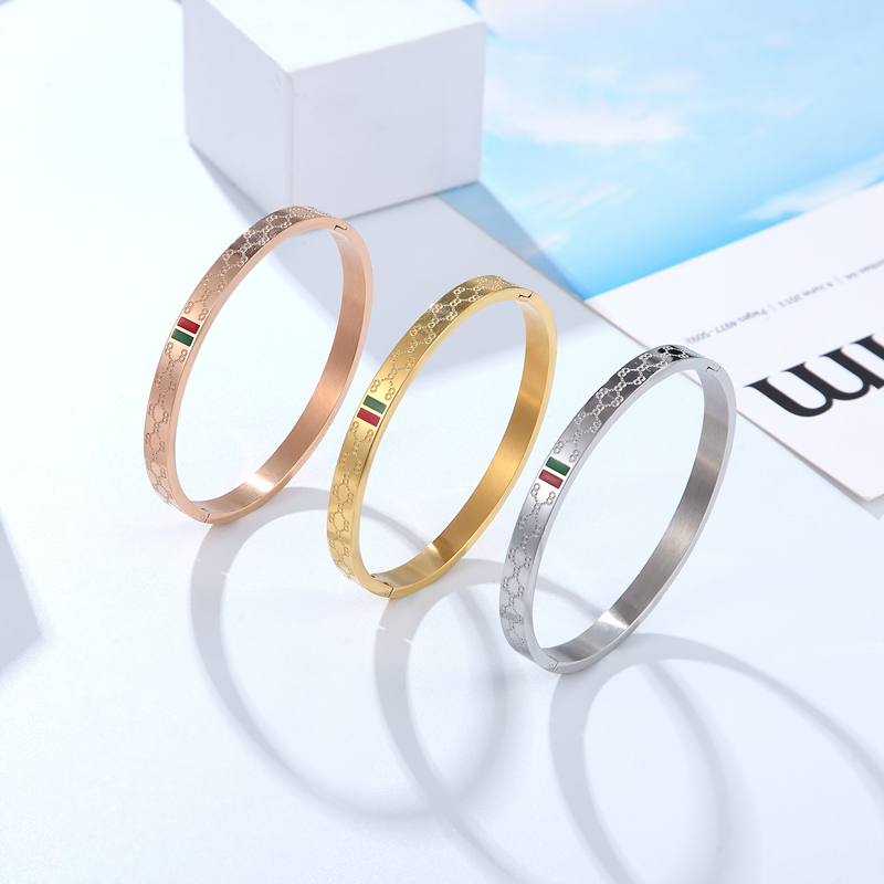 

Trendy Bangle for Women Red and Green Charm Stainless Steel Gold Plating Jewelry Luxury Wedding Female Bangle