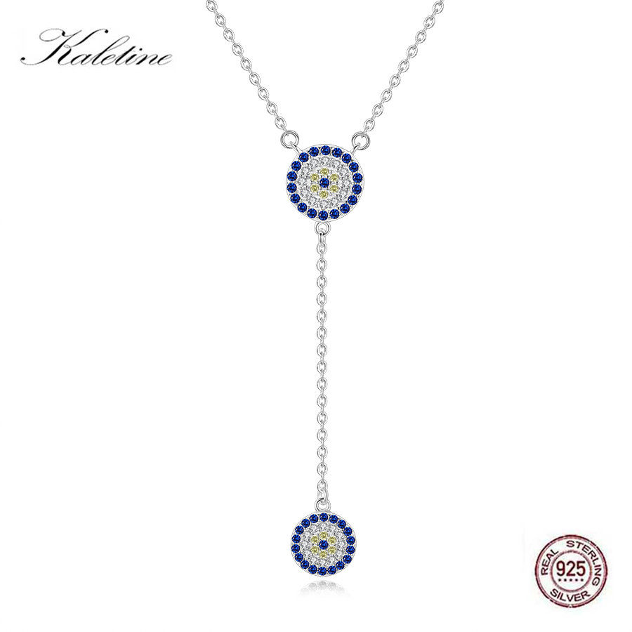 

KALETINE 100% 925 Sterling Silver Necklace Women Luck Round Pendant Evil Eye Necklaces Blue Zircon Long Link Fashion Jewelry Q0127