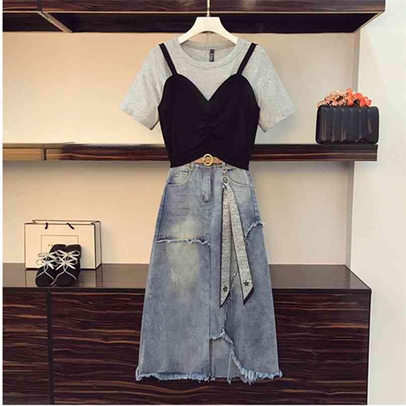 

Summer 2 piece set Women O-neck Ruched Short Fake two Tshirt and Ribbon bow pendant Denim Skirt Suits Female Outfits 210602, Only gray tshirt
