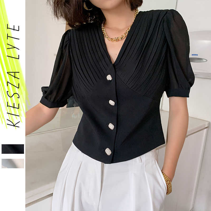 

Summer women's top french fashion pleated slim chiffon short bubble sleeve blouse elegant office lady Blusas 210608, White
