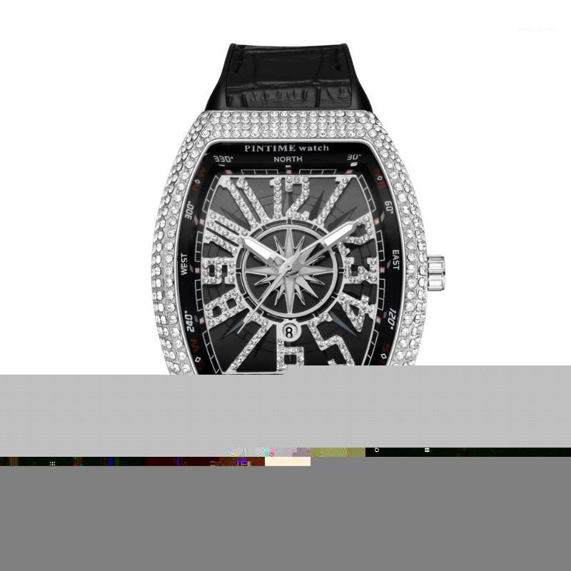 

Gold Diamond Mens Watches Top Leather Hip Hop Watch Men Military Quartz Clock Relogio Masculino Reloj Hombre Montre Wristwatche Wristwatches, Silver black