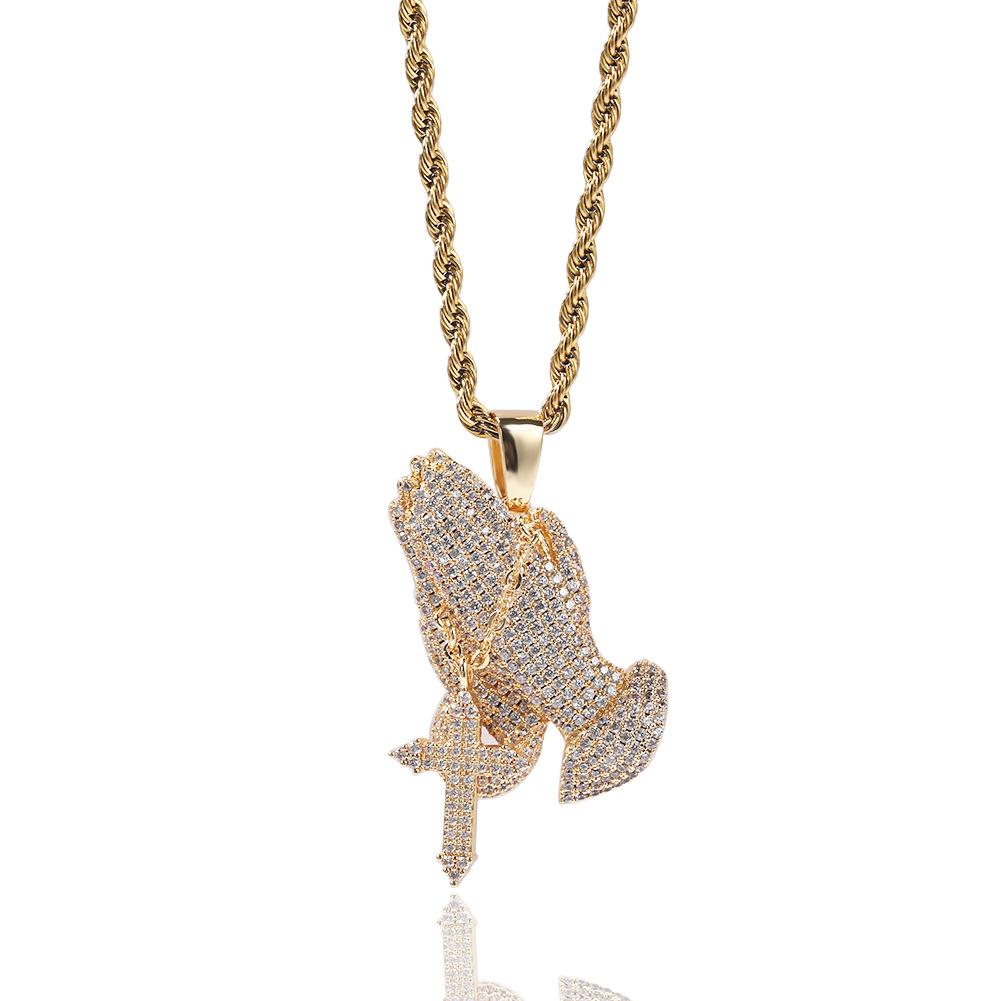

Iced Out Pendant Praying Hands Necklace Mens Gold Necklaces Hip Hop Jewelry