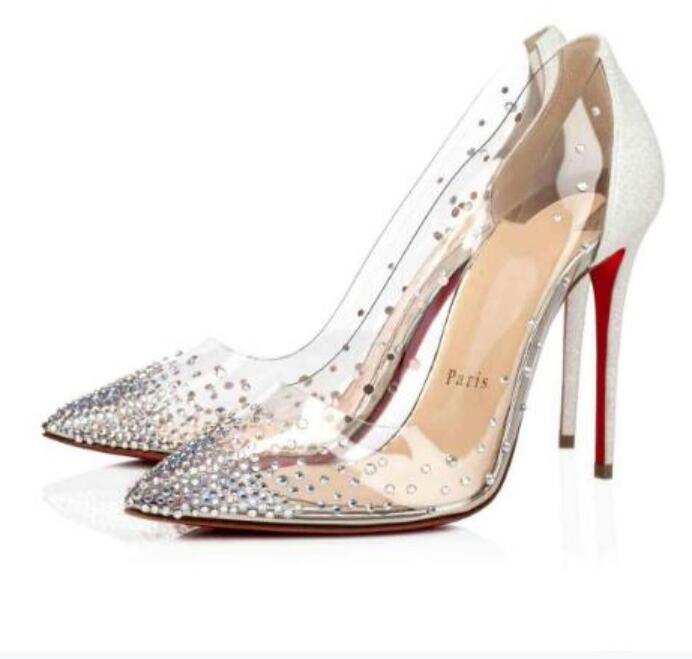 

2021 Dress Shoes Nude Color Flat/ High Heels Red Bottom Pumps Follies Strass Degrastrass Imported mesh+rhinestone, As picture