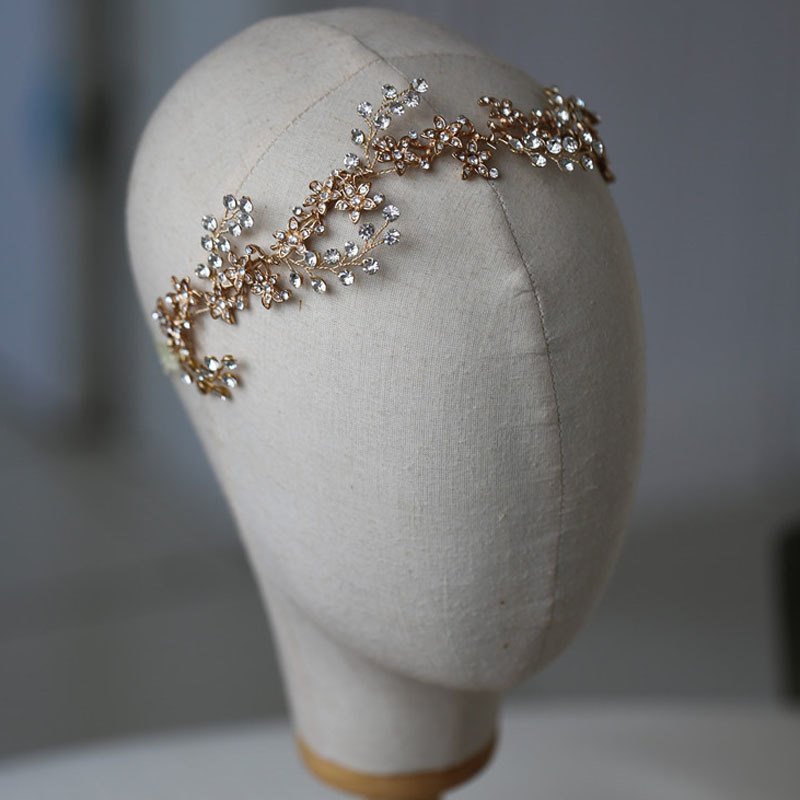 

SLBRIDAL Handmade Golden Wired Rhinestones Crystal Wedding Headband Bridal Vine Hair Accessories Bridesmaids Women Jewelry