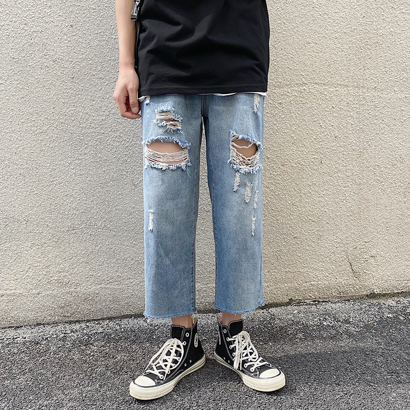 

2021 New Spring Summer Men's Ripped Hole Straight Male Denim Trousers Faashion Black/blue Streetwear Men S-5xl 4g2a