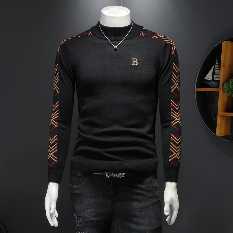 

2021 autumn and winter new base sweater warmth trend plus velvet thickening men's half turtleneck sweater, Black