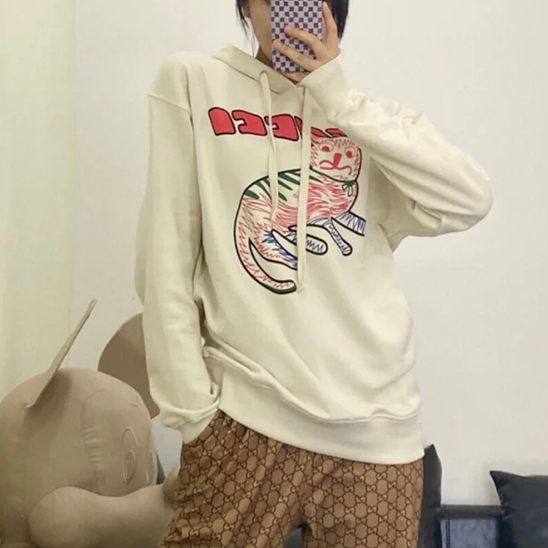 

IKWB202 1autumn and winter new hooded sweater line cute cat letter print loose edition men's and women's lovers' wear, Black