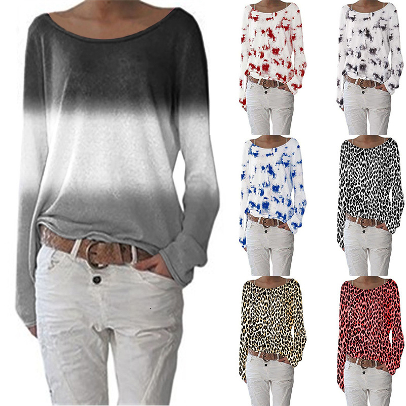 

2021 New Moda Tie Dye Gradiente Impresso Solta T-shirts Outono Inverno Feminino Camisetas Streetwear Casual Manga Longa Superior Plus Size 5, Leopard print khaki