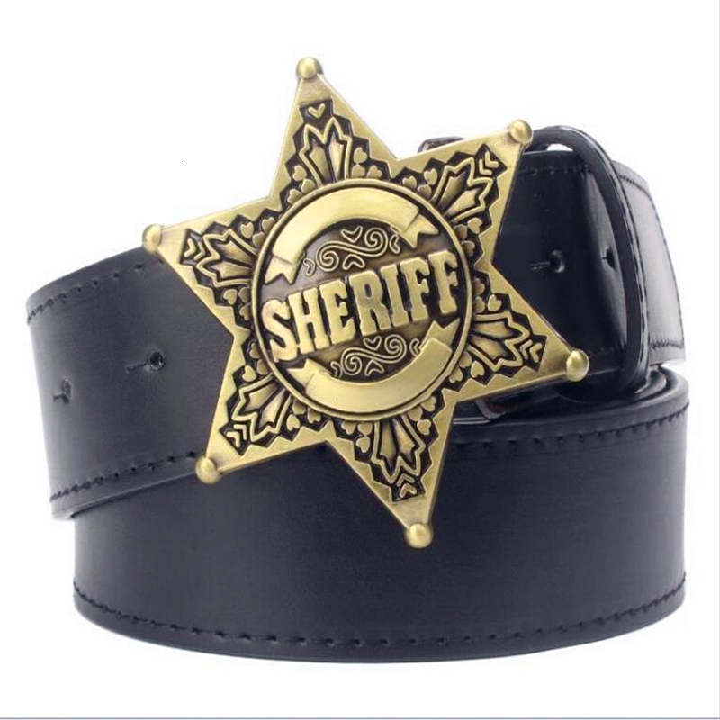 

2021 New Fashion Men's Metal Buckle Belts Sheriff Bae Retro Hexagon Star Sign Western Style Cowboy Pu Leather Belt Oetf, Black