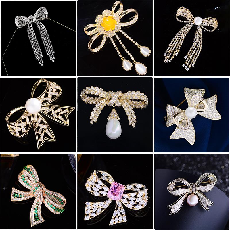 

Pins, Brooches European And American Trendy Bow Tassel Shining Cubic Zirconia Bowknot Brooch Suit Jacket Pearl Pin Women Accessories, Gray