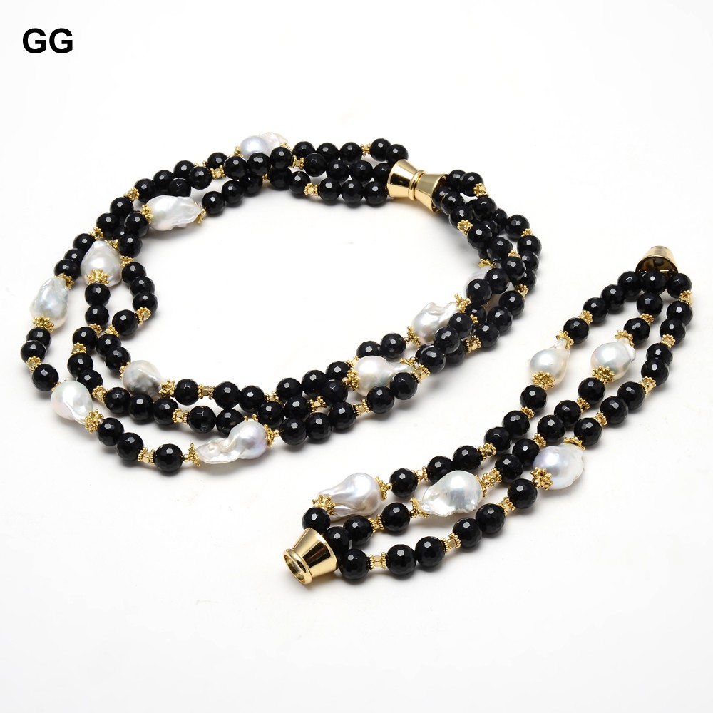 

3 Rows Black Onyx Faceted Beads Cultured White Reborn Keshi Pearl Statement Bracelet Necklace Sets Classic For Women, Silver