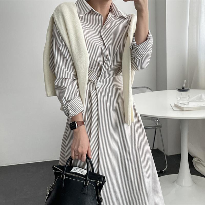 Casual Dresses 2021 Arrival Korea Style Fashion Elegant Chic Blouse Autumn Dress Striped Office Lady OL Work Women Long-image-731133409
