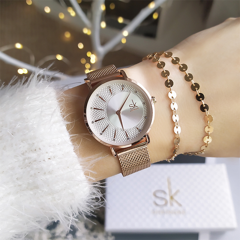 

Shengke New Creative Women Watches Luxury Rosegold Quartz Ladies Watches Relogio Feminino Mesh Band Wristwatches Reloj Mujerg, Silver 01