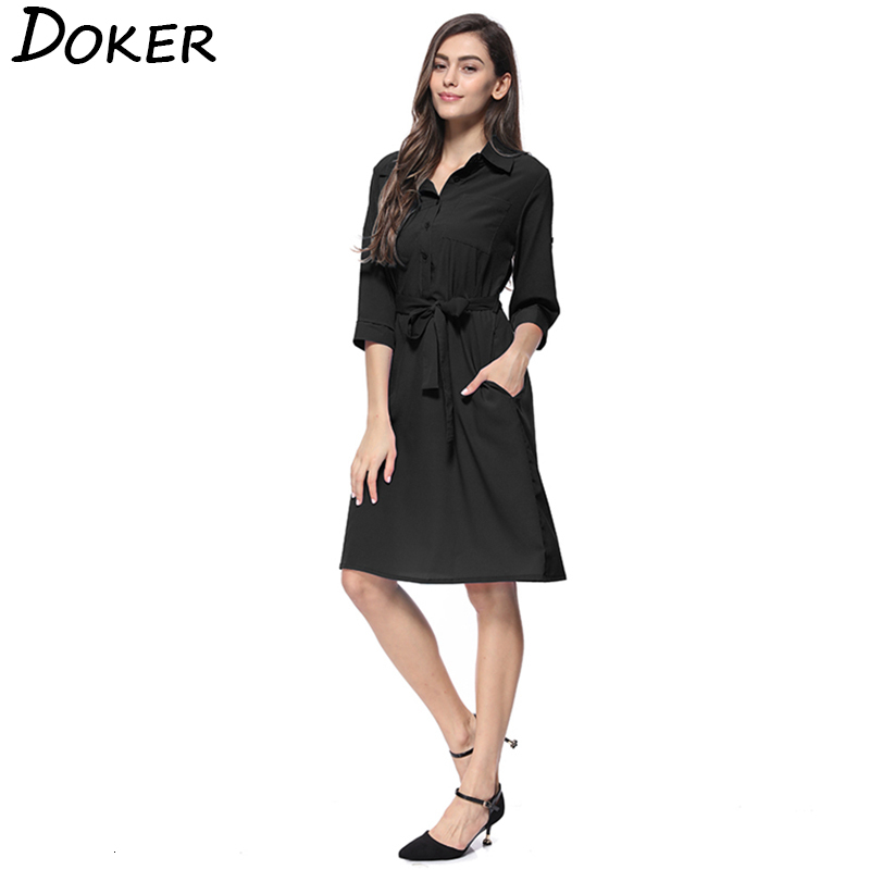 

2021 New Summer Shirt Women Large Size Turn Down Collar 3/4 Sleeve Sashes Tunic Midi Ladies Elegant Work Kpt9, Black