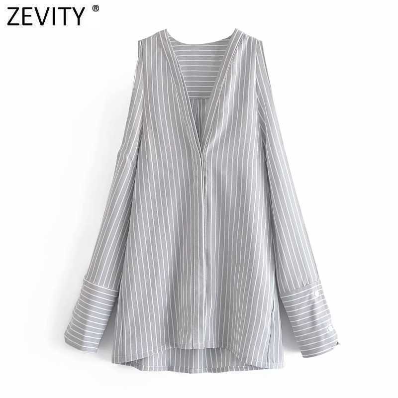 

Zevity Women Sexy Off Shoulder Breasted Loose Shirt Female V Neck Striped Print Slim Blouse Roupas Chic Chemise Tops LS9104 210603, As pic ls9104dwdd