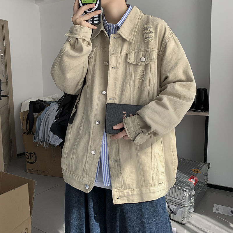 

New 2021 Solid Casual Pierced Male Color Denim Lapel Jacket Collars High Quality Men's Garment Jackets Outerwear More Size M-2xl Hpcb, Green