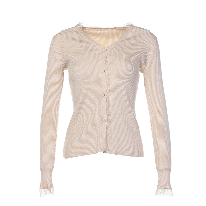 

2021 Vintage Lace V-neck Knitted Cardigan Autumn Fashion Korean Style Slim-fit Long-sleeved Solid Color Women Sweater Pi65, Black