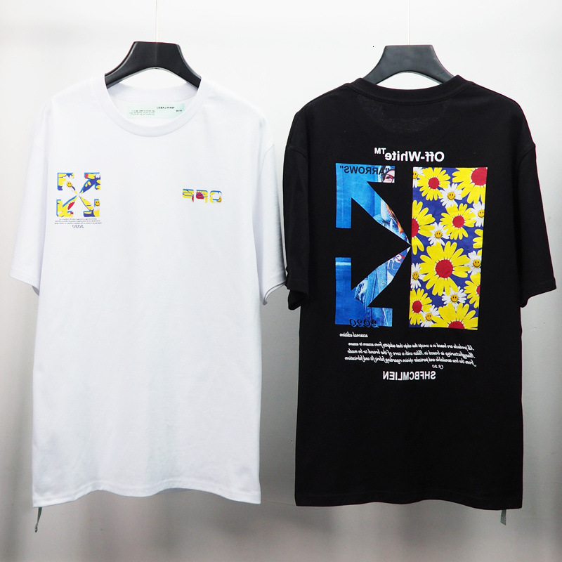

20soff Ow White Couple's New Daisy Arrstyle Print Men's and Women's Round Neck Short Sleeve T-shirt, White;black