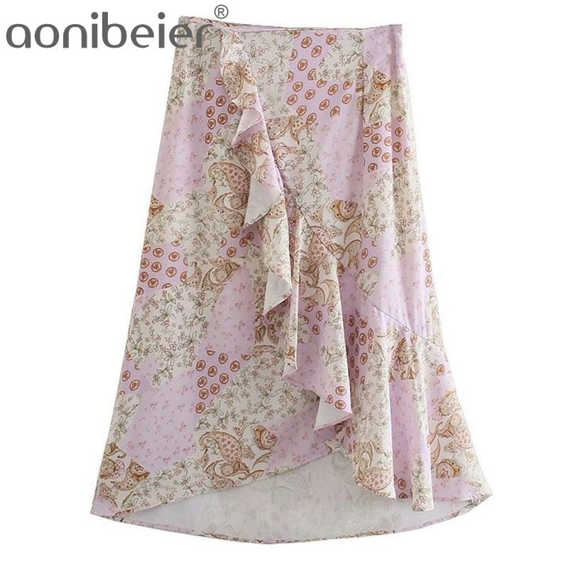 

Fashion Printed Summer Draped Ruffles Detail Women Casual High Waist Skirt Side Zipper Female Long Midi Skirts 210604, Tops