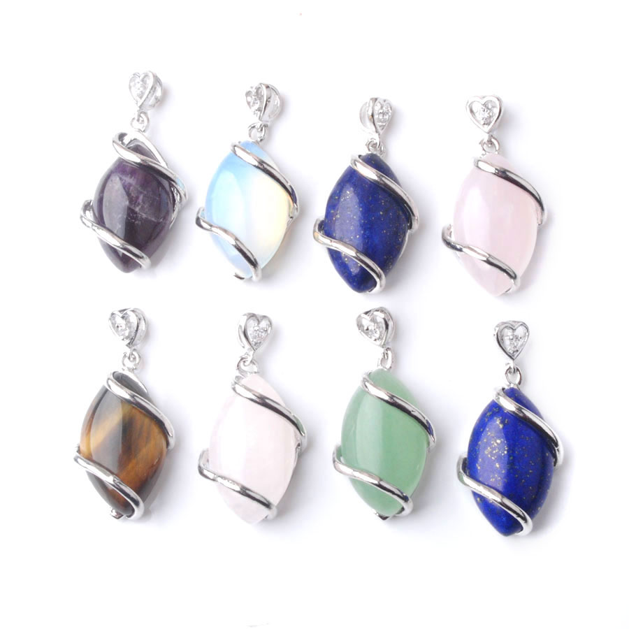 

WOJIAER Horse Eye Shape Dangle Pendant Natural Stone White Crystal Rose Quartz Lapis Bead Reiki Fashion Women Jewelry BN322