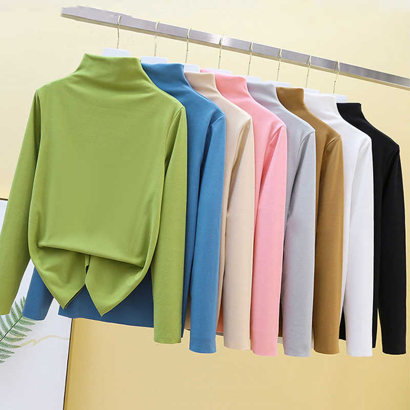 

Autumn Winter Bottoming T-Shirt Women Casual Half Turtleneck Long Sleeve Slim Two Sided Velvet T-shirt Ladies Solid Elastic Tops 210526, Vest black