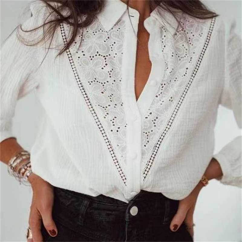 

TRAF Women Fashion Hollow Embroidery Lace White Blouses Vintage Long Sleeve Button-up Female Shirts Blusas Streetwear 210708, As picture