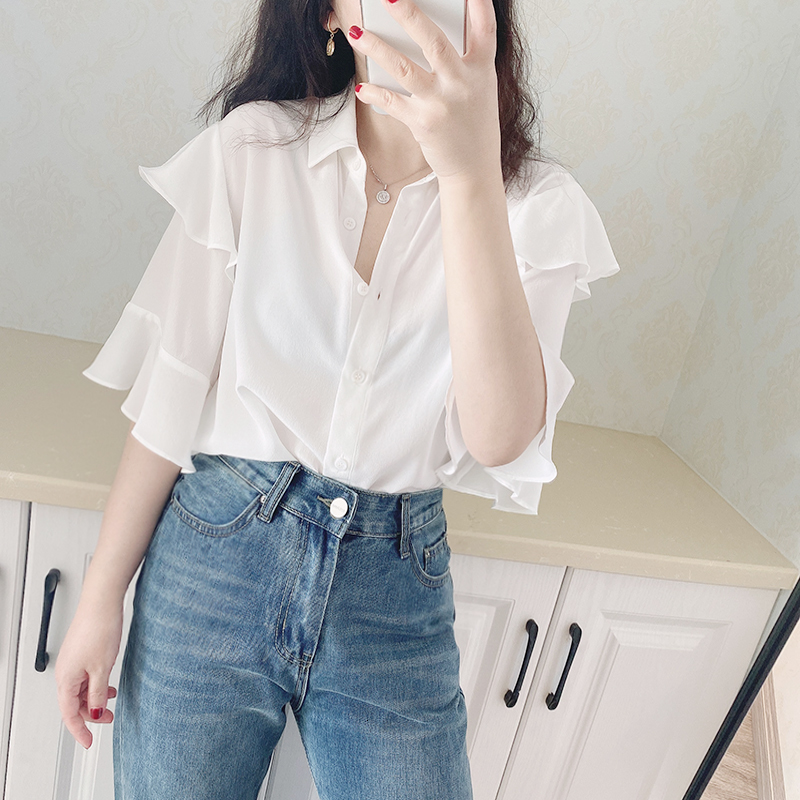 

2021 New Novo Vero Plissado Manga Blusa Senhoras Seda Ol Escritrio Wear Turn-down Colarinho Camisa Feminina Macio Single-breasted 53ey, Black