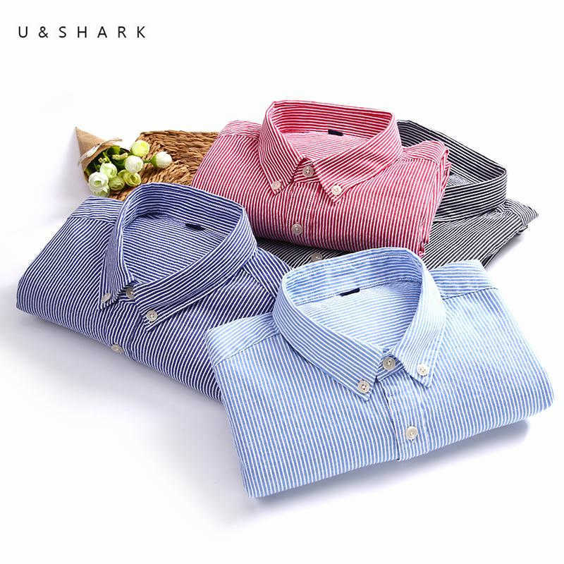 

U&SHARK Red Blue Striped Shirt for Men Blouse 100% Cotton Oxford Shirt Long Sleeve Social Formal Business Office Clothing Male 210603, Grey striped