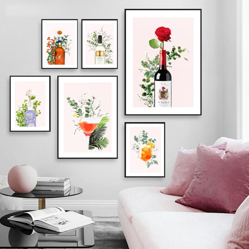 

Paintings Wine And Flowers Wall Art Cocktail Champagne Juice Rose Begonia Canvas Painting Nordic Posters Prints Living Room Decor