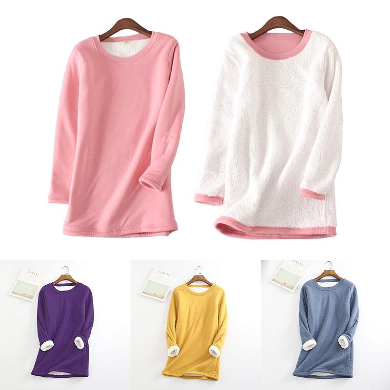 

Women' T-Shirt Winter Women Long Sleeve Thick Plus Velvet Warm Cotton Fleece Thermal Tops Casual Soft O-Neck Undershirt Size -5XL, Pink