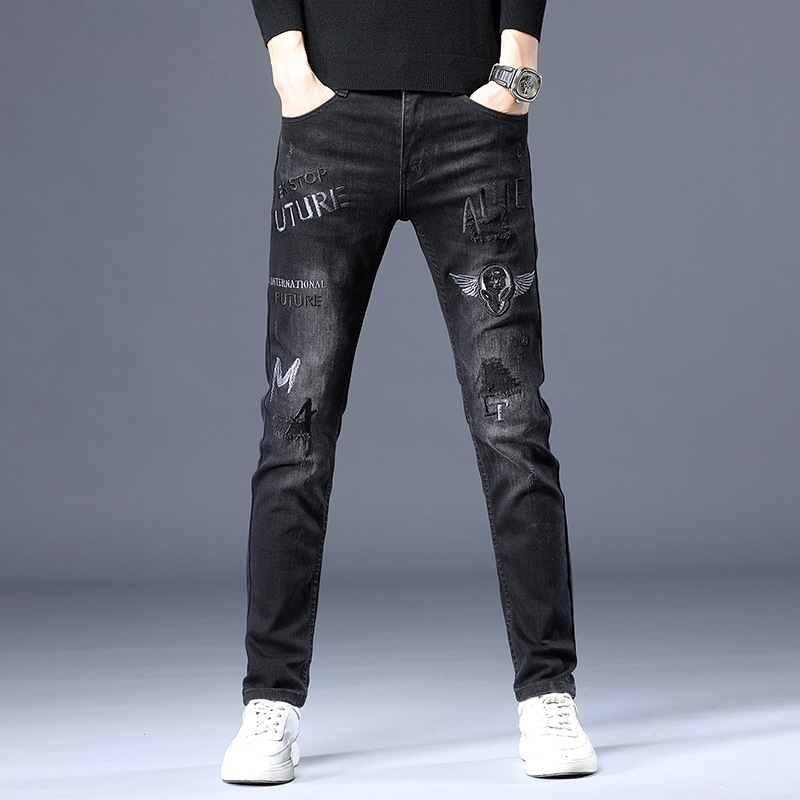 High end embroidery slim autumn brand hip hop trend hole black jeans pants men&#039;s fashion-image-703967296