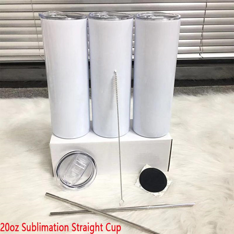 

Wholesale 20oz DIY Sublimation Straight Skinny Tumbler With Metal Straw Rubber Coaster And Straw Brush Doubel Wall Thermos Cup, White