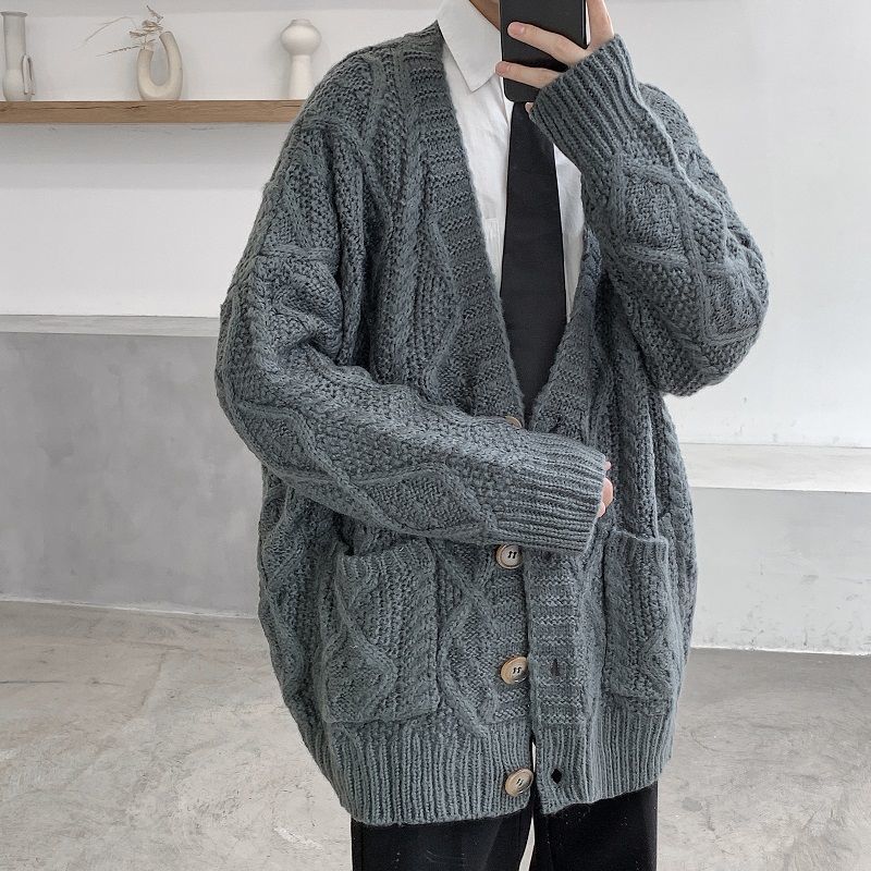 

2021 New Winter Cardigan Men's Warm Fashion Casual V-neck Knitted Sweater Jacket Men Loose Korean Knitting Sweaters Mens Clothes M-2xl 13ed, Milky white