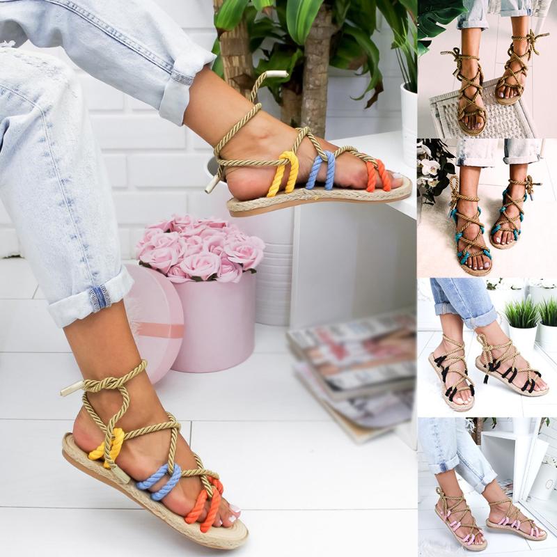 

Women Lace Up Bohemia Style Sandals 2021 New Rome Stagger Rope Ladies Sandals Casual Gladiator Cross Tied Female Shoes, Yellow