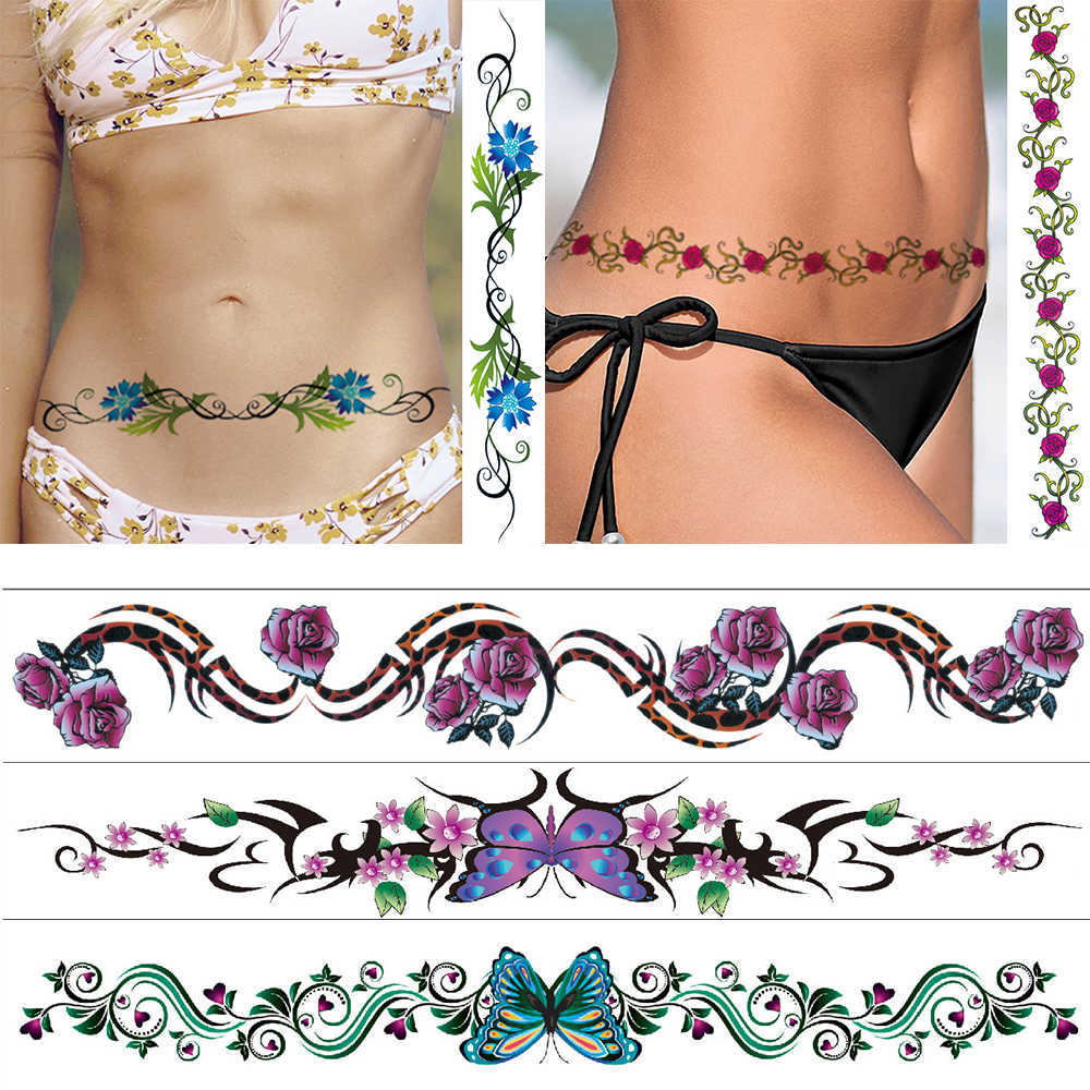 

Waterproof temporary stickers for waist Flower leaves butterfly Body art Fashion sexy women tattoo 420*60mm