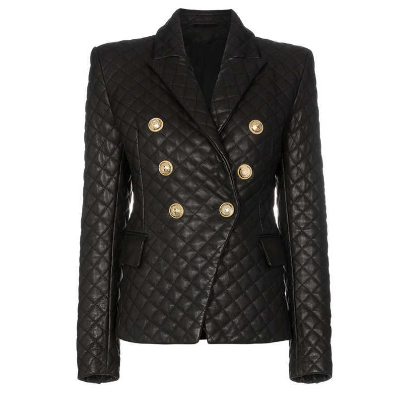 

HIGH QUALITY Stylish Designer Blazer Women' Lion Buttons Grid Cotton Padded Slim Fitting Synthetic Leather Jacket 210526, Beige
