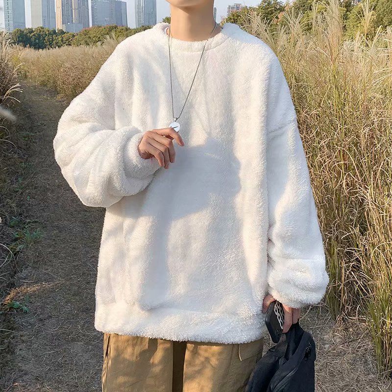 

2021 New Men's Thickened Lambs Hoodies Cotton Clothes Casual Loose Coats Fleece Lining Pullover White/black Color Sweatshirts M-2xl D1qe