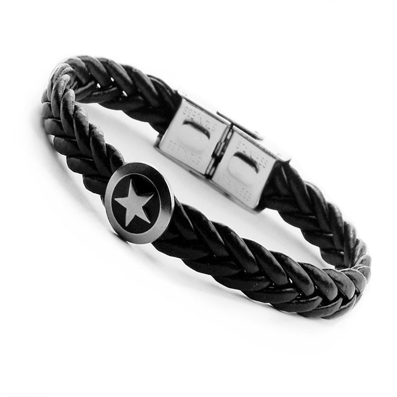 Multilayer titanium steel imitation leather bracelet five pointed star Braided men's punk Bracelet-image-703306307