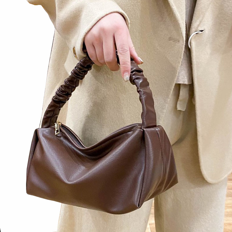 

French Style Mini Shoulder Bags Vintage Hobo Bag Soft Leather Zipper Handbag Retro Clutches Purse Simple Design Women Hand Bag, Khaki shoulder bag