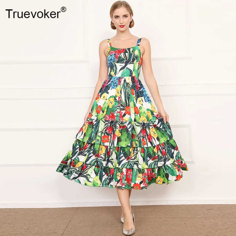 

Truevoker Ladies Runway Fashion Cake Party Dres' Colorful Cacuts Flower Print Ruffle Layer Midi Spaghtti Strap Dresses 210602, Green